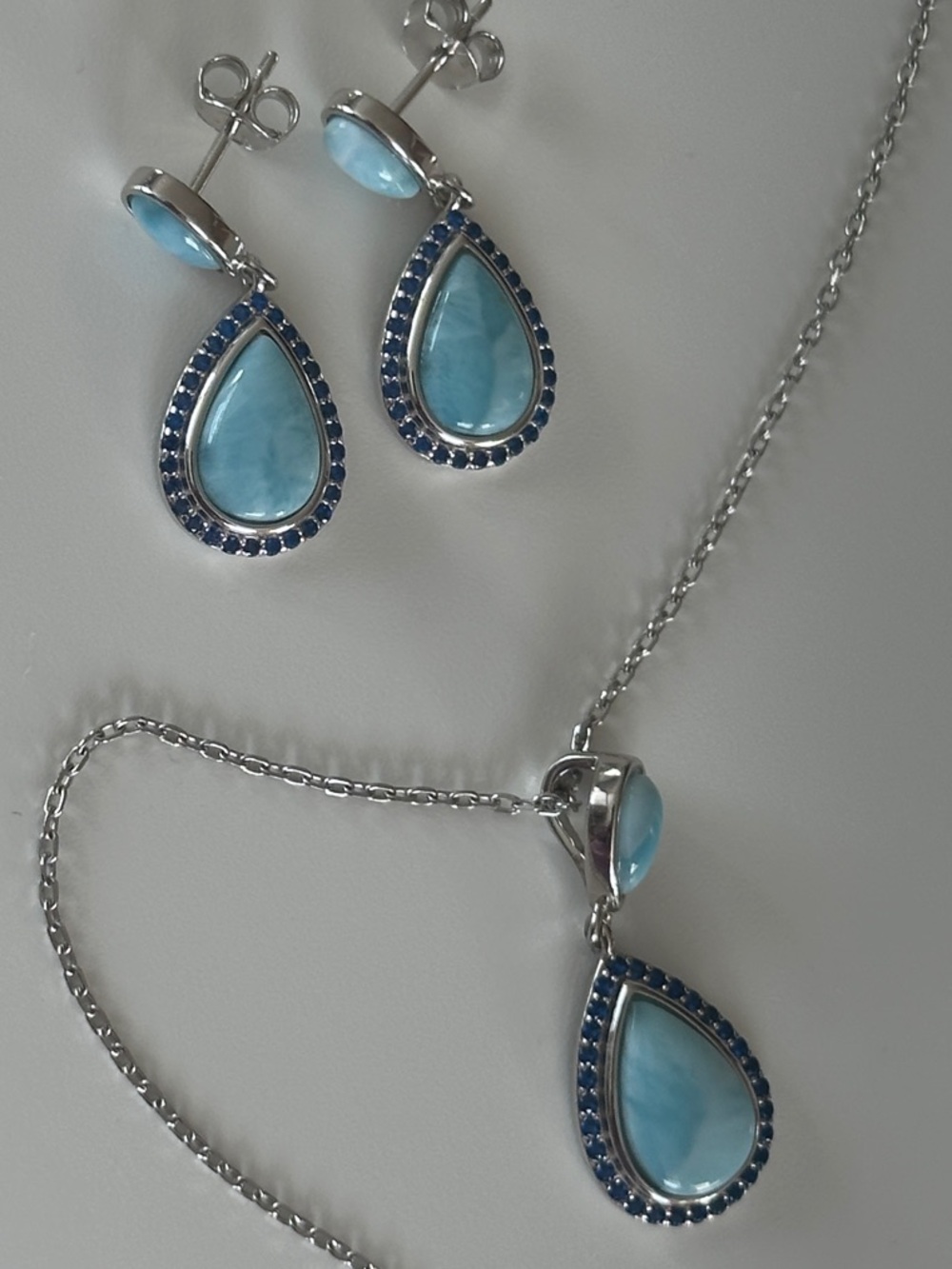 Sterling Silver Teardrop Larimar Necklace & Earrings Set - Light Blue